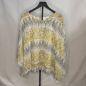 Alfred Dunner Layered Dolman Blouse 20W – Yellow/Grey/White, EUC